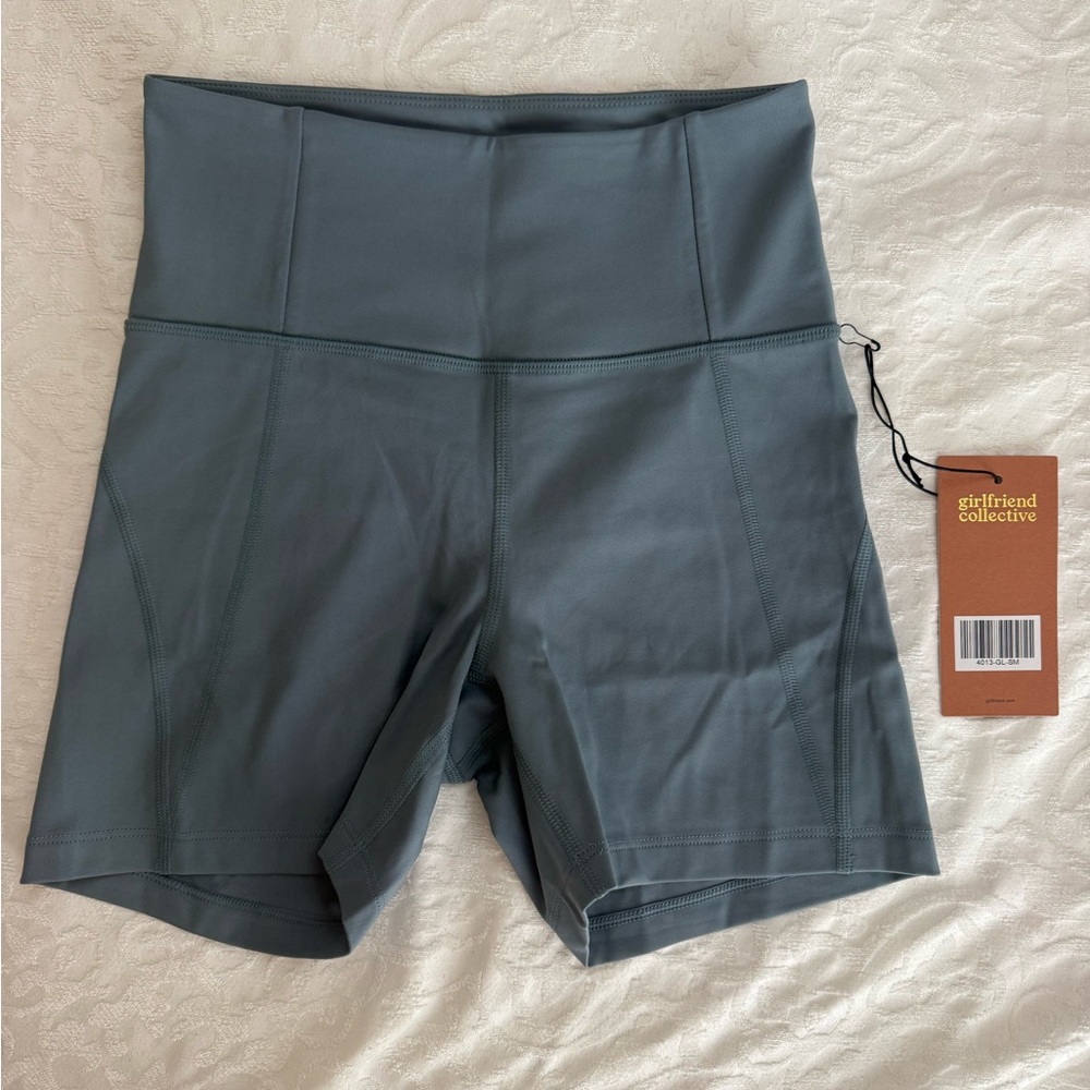 girlfriend collective slate blue high-rise bike shorts